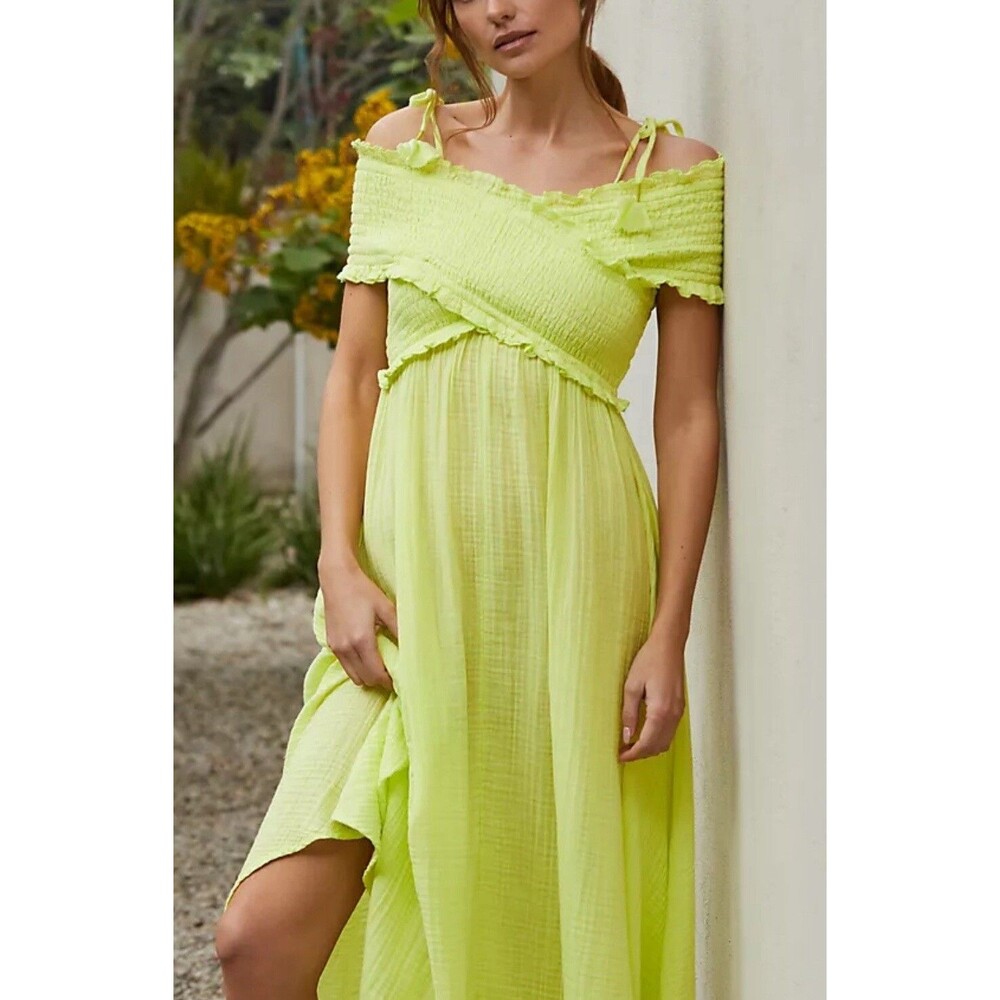 Anthropologie Midi Dress Cotton Green Gauze Off Shoulder Vacay Boho Size XS NWT